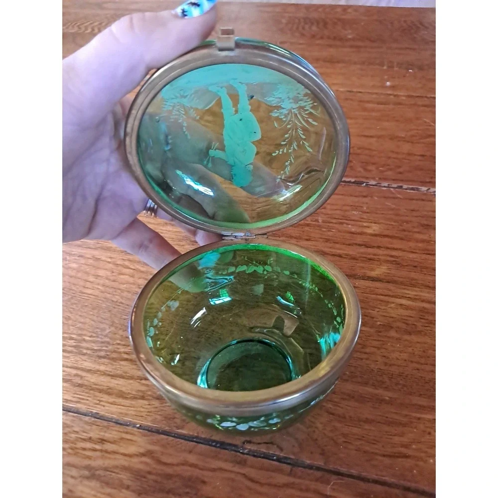 Antique Mary Gregory green Glass Hand Painted Trinket Box With Hinged Lid